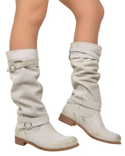 Stivali Donna Biker Estivi in Pelle Nabuk Zigrinati Beige