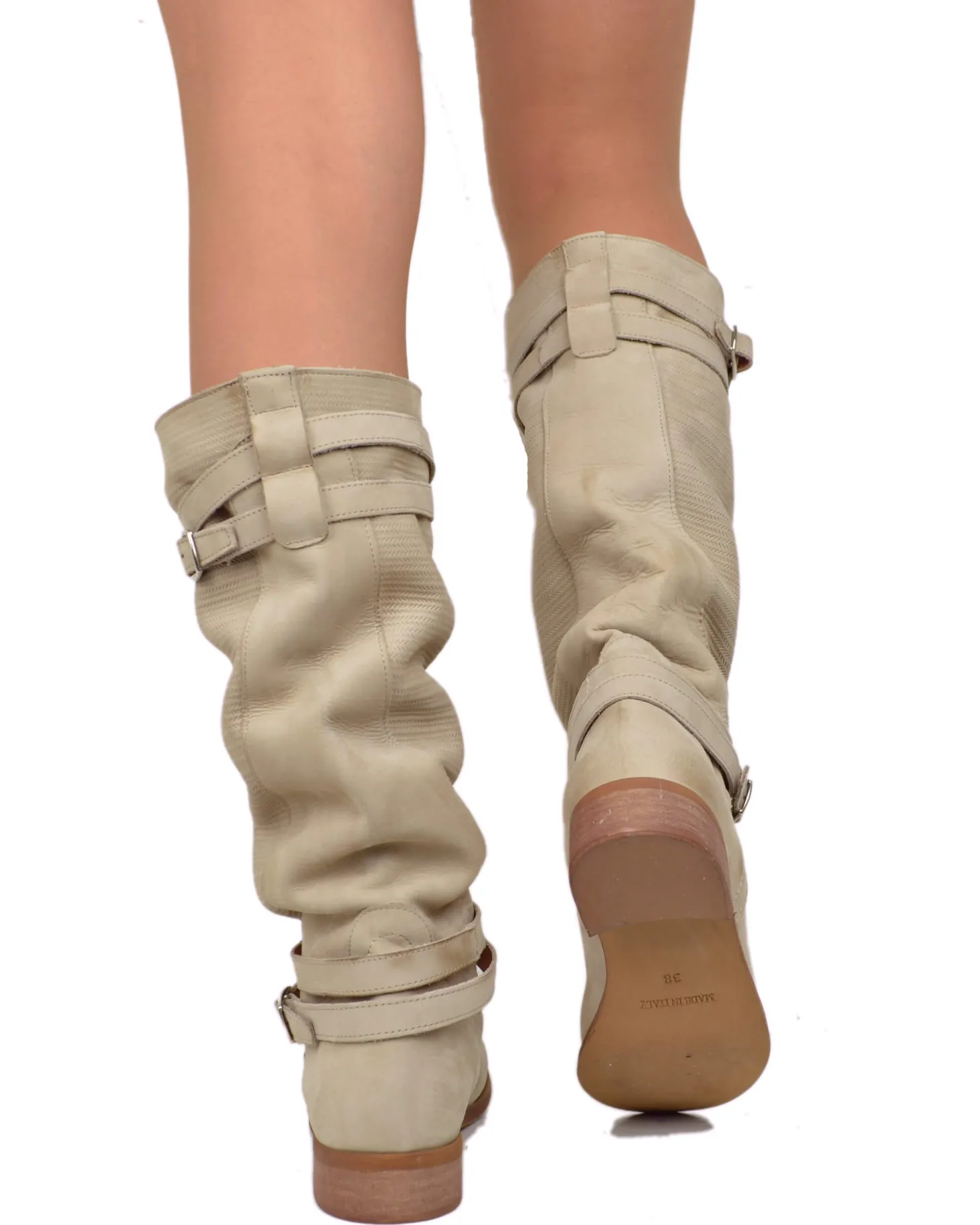 Stivali Donna Biker Estivi in Pelle Nabuk Zigrinati Taupe