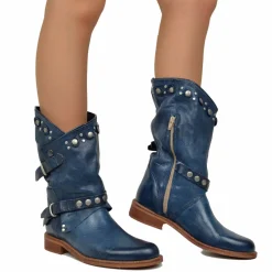 Stivali Donna Biker Estivi Jeans in Pelle con Borchie e Zip