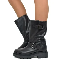 Stivali Donna Biker Neri in Pelle con Fibbie Made in italy