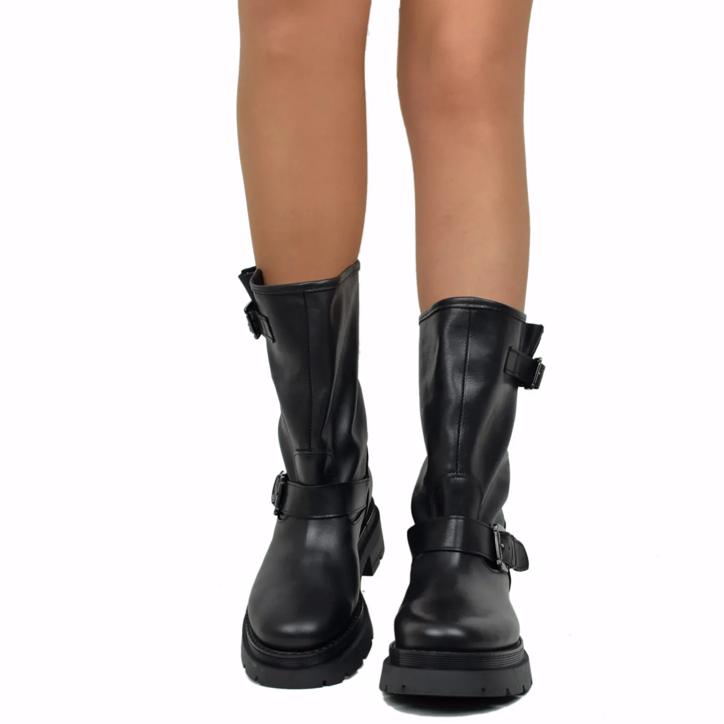 Stivali Donna Biker Neri in Pelle con Fibbie Made in italy