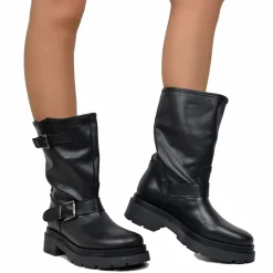 Stivali Donna Biker Neri in Pelle con Fibbie Made in italy
