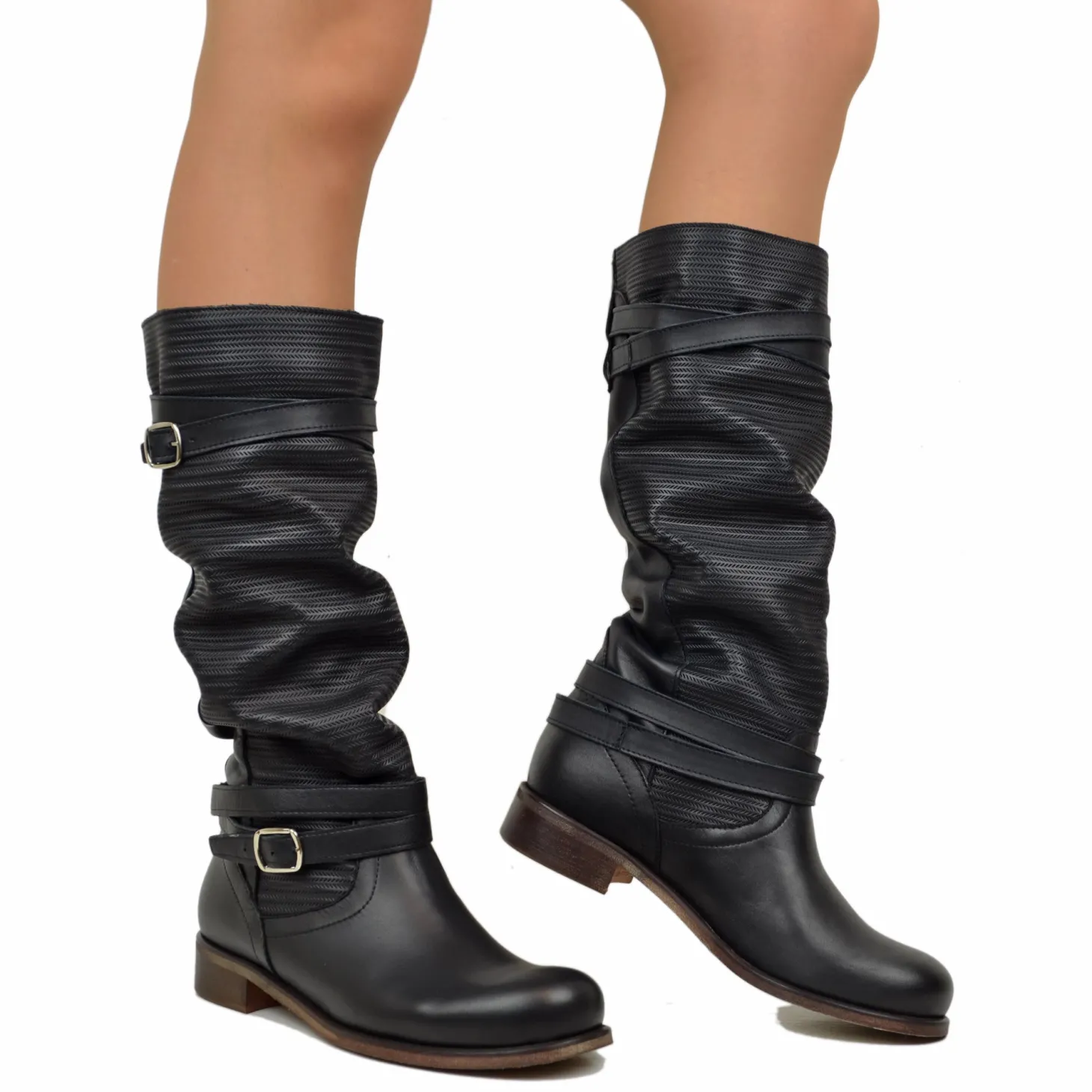 Stivali Donna Estivi Neri in Pelle Nabuk Zigrinati Made in Italy