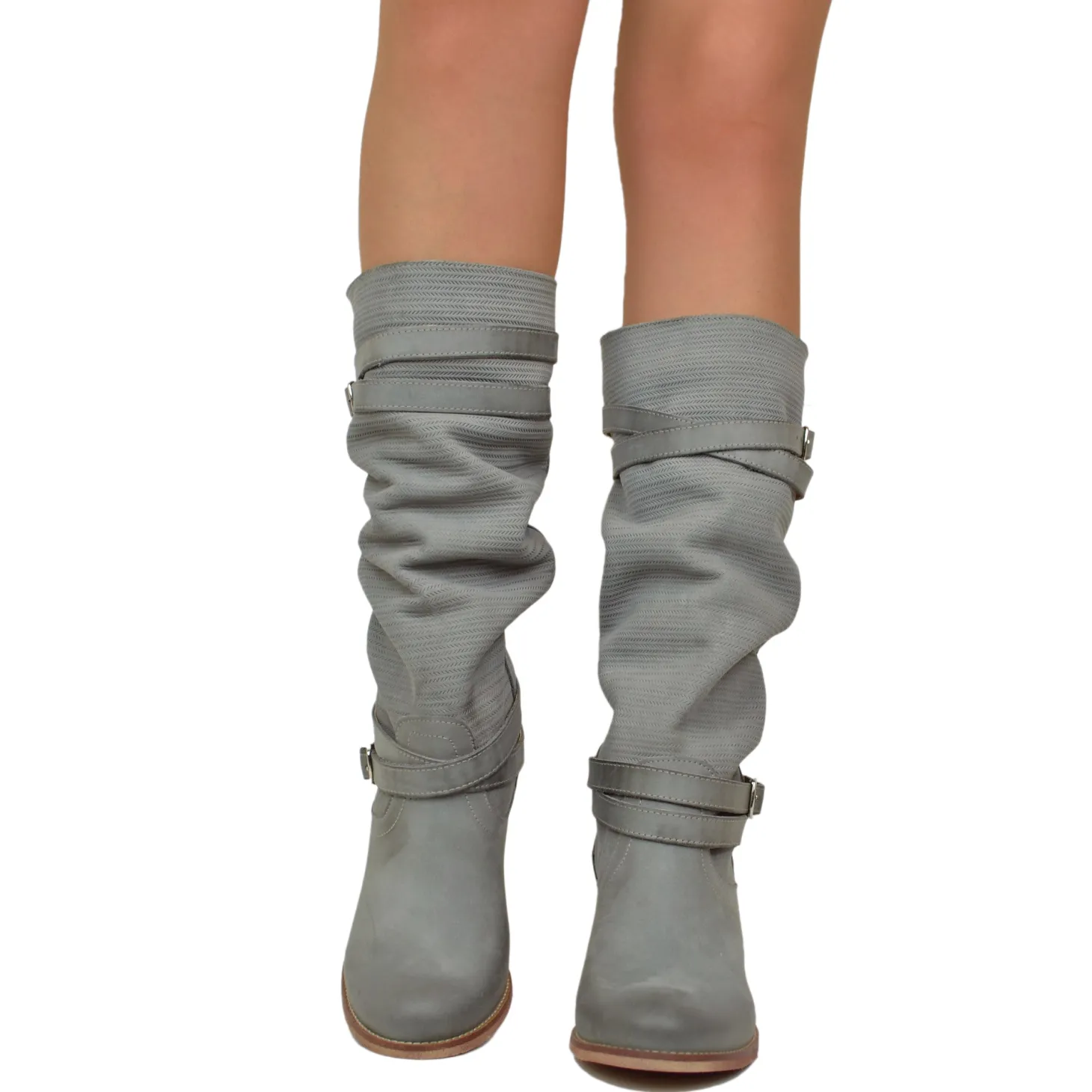 Stivali Donna in Pelle Nabuk Zigrinata Grigio Made in Italy
