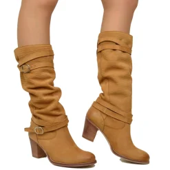 Stivali Donna in Pelle Nabuk Zigrinata Cuoio Made in Italy