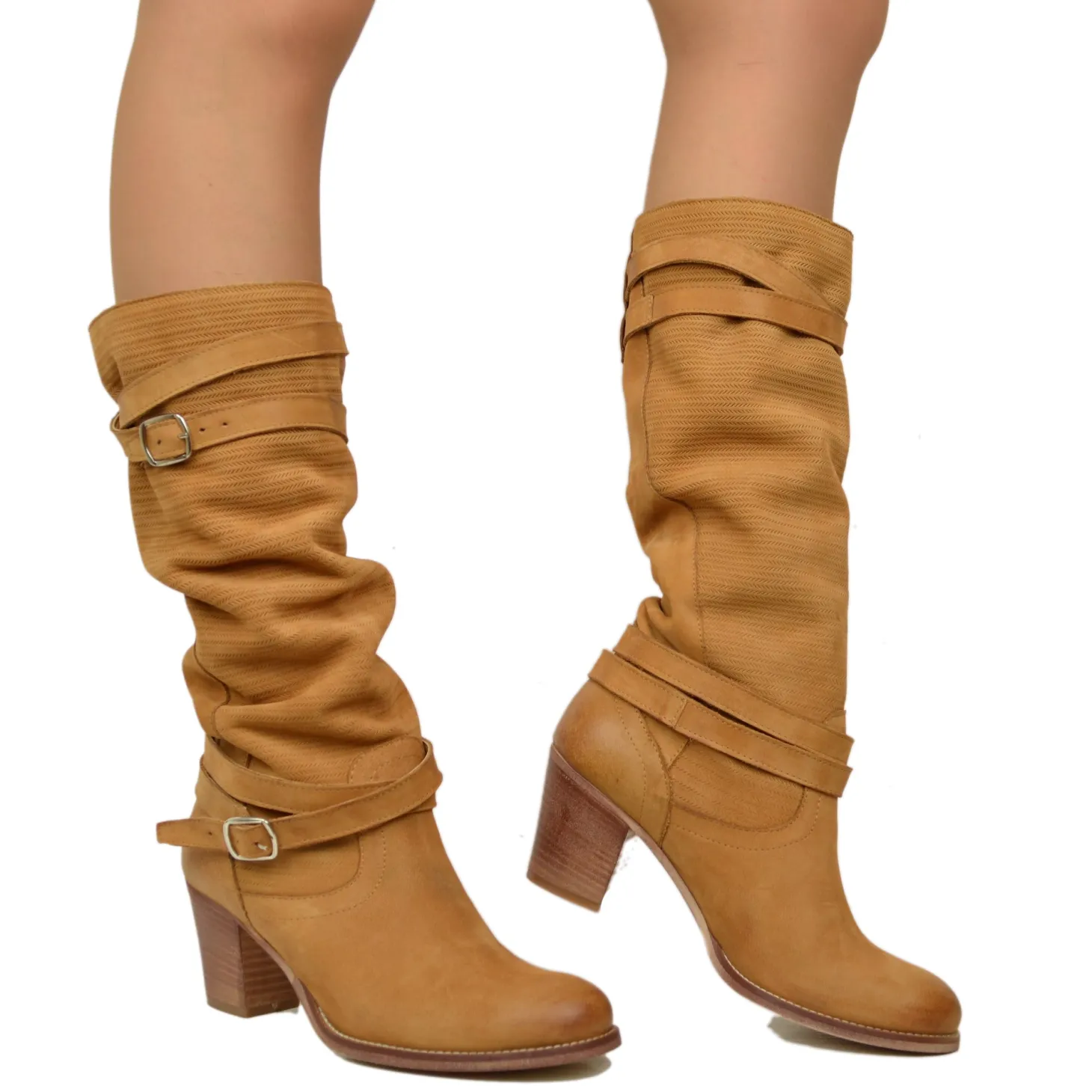Stivali Donna in Pelle Nabuk Zigrinata Cuoio Made in Italy