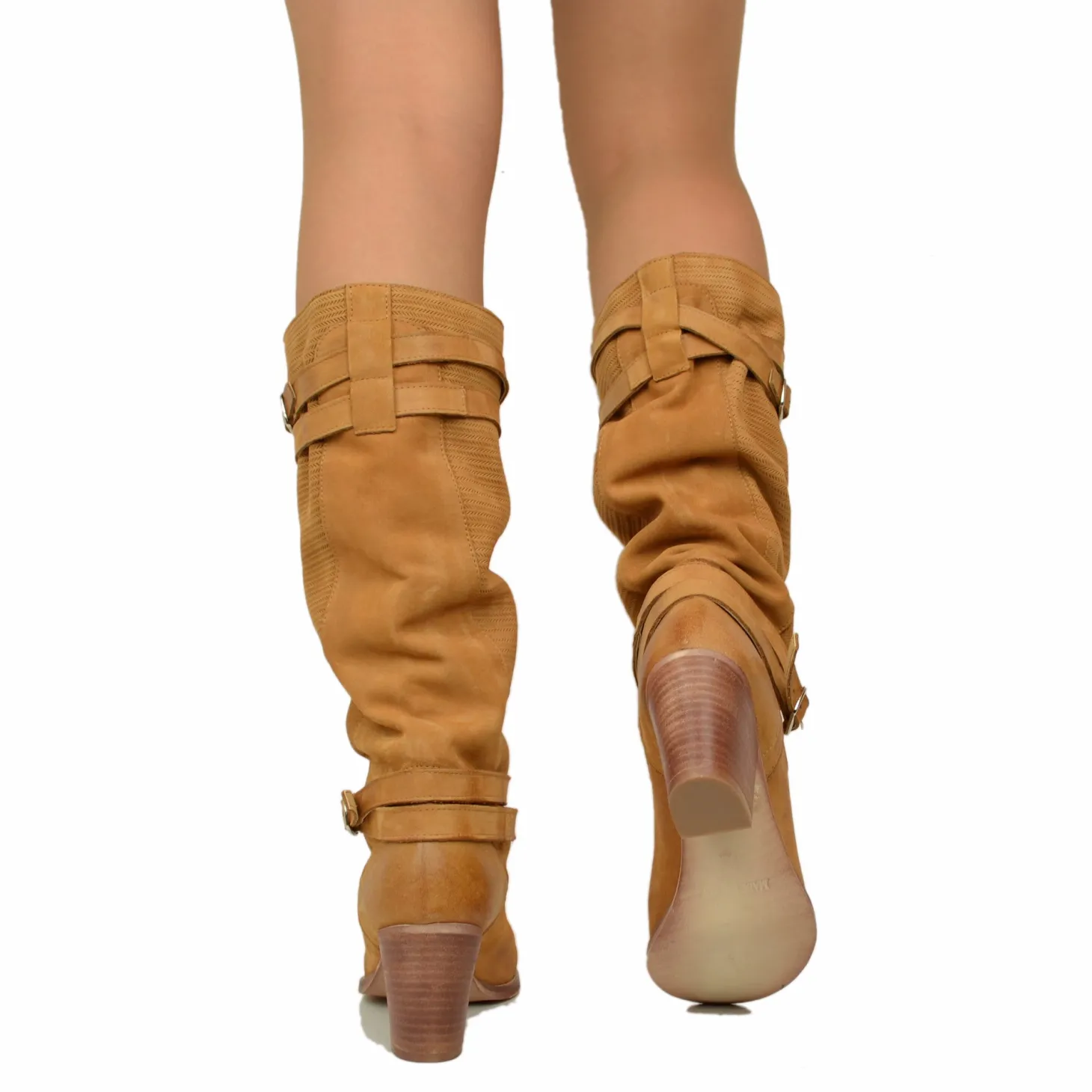 Stivali Donna in Pelle Nabuk Zigrinata Cuoio Made in Italy