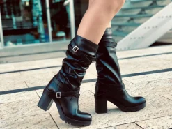 Stivali Donna Neri in Pelle con Cavigliera e Tacco Alto