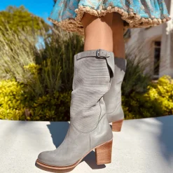 Stivali Donna Tacco Medio Zigrinati con Gambale Pelle Nabuk Grigio