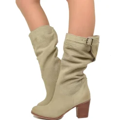 Stivali Donna Taupe con Tacco Medio in Pelle Nabuk Zigrinata