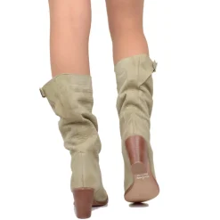 Stivali Donna Taupe con Tacco Medio in Pelle Nabuk Zigrinata
