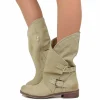 Stivali Donna Taupe Traforati Biker con Fibbie in Pelle Nabuk