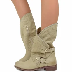 Stivali Donna Taupe Traforati Biker con Fibbie in Pelle Nabuk