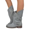 Stivali Donna Taupe Traforati Biker con Fibbie in Pelle Nabuk