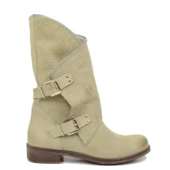 Stivali Donna Taupe Traforati Biker con Fibbie in Pelle Nabuk