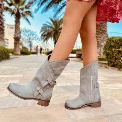Stivali Donna Taupe Traforati Biker con Fibbie in Pelle Nabuk