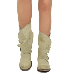 Stivali Donna Taupe Traforati Biker con Fibbie in Pelle Nabuk