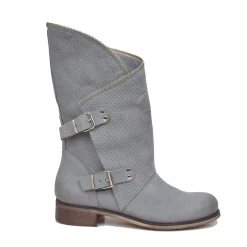 Stivali Donna Taupe Traforati Biker con Fibbie in Pelle Nabuk