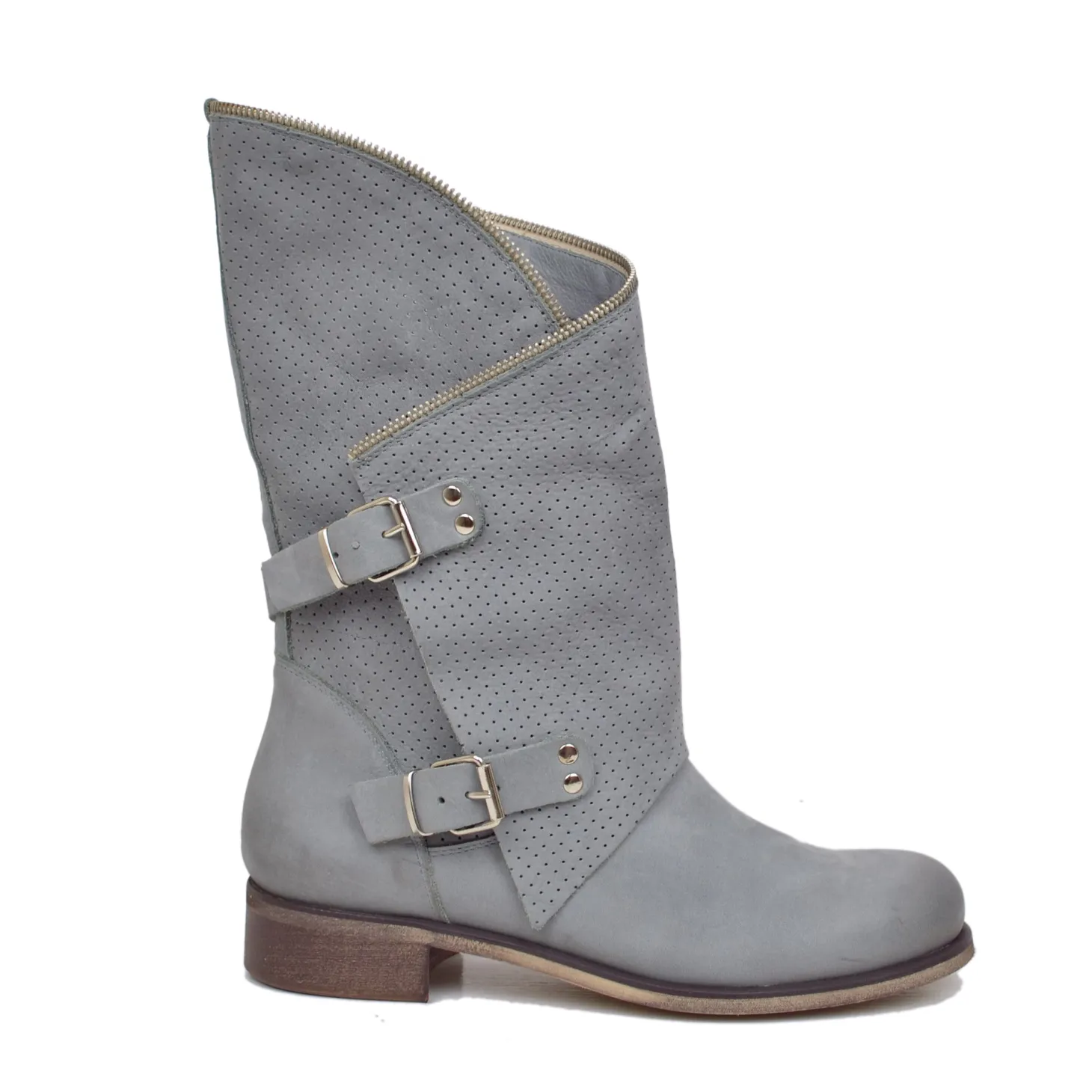Stivali Donna Taupe Traforati Biker con Fibbie in Pelle Nabuk