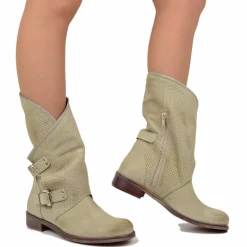 Stivali Donna Taupe Traforati Biker con Fibbie in Pelle Nabuk