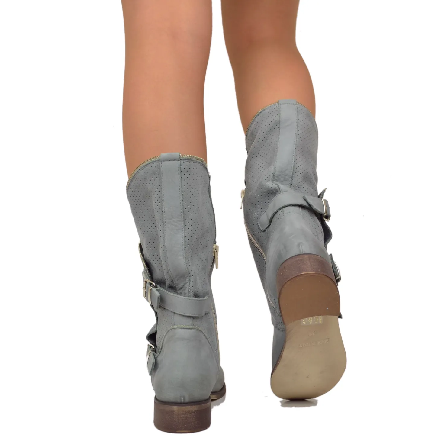 Stivali Donna Taupe Traforati Biker con Fibbie in Pelle Nabuk