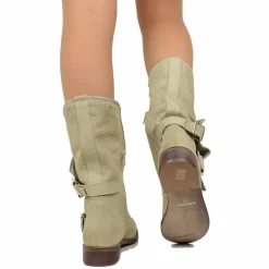 Stivali Donna Taupe Traforati Biker con Fibbie in Pelle Nabuk