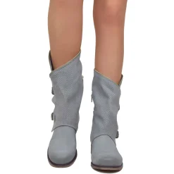 Stivali Donna Taupe Traforati Biker con Fibbie in Pelle Nabuk