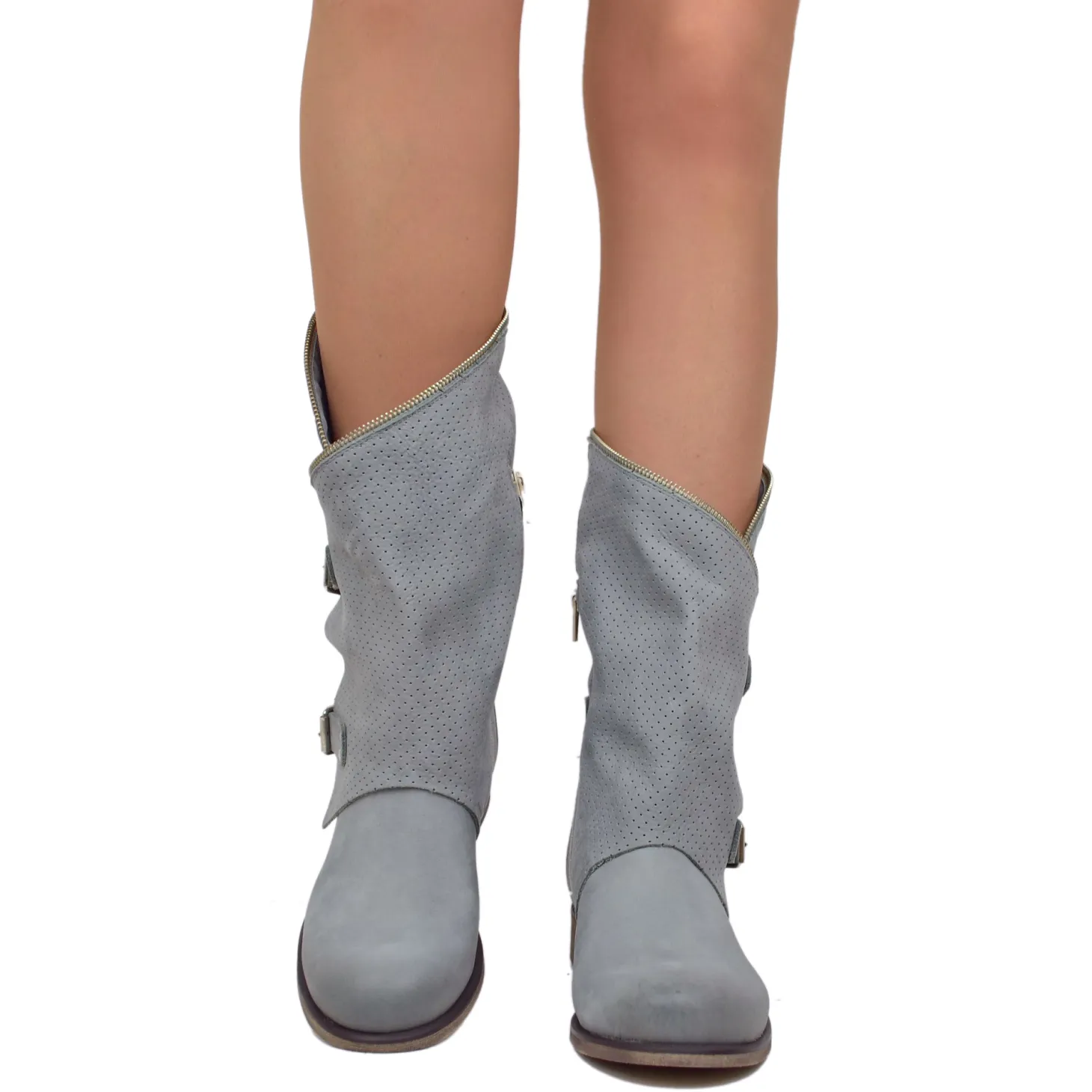 Stivali Donna Taupe Traforati Biker con Fibbie in Pelle Nabuk