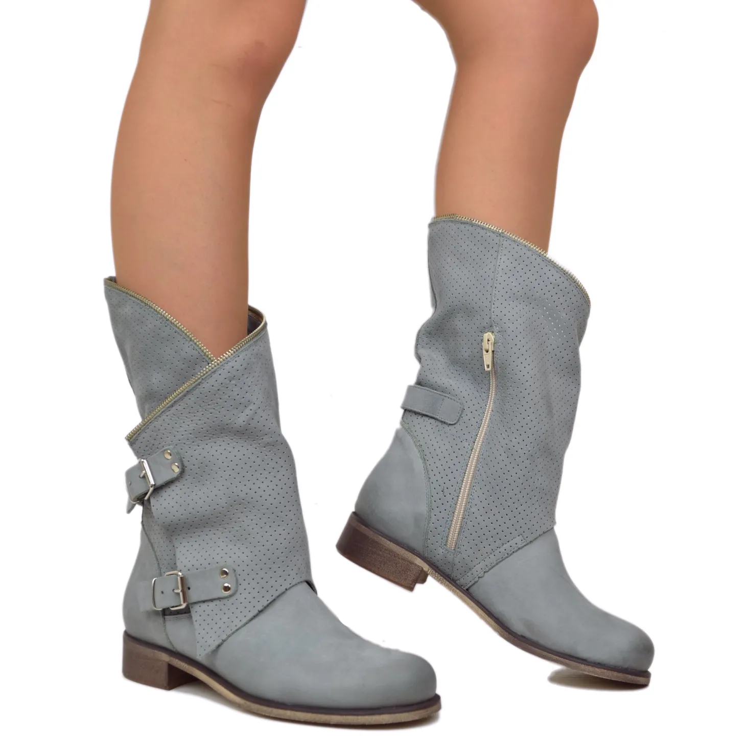 Stivali Donna Taupe Traforati Biker con Fibbie in Pelle Nabuk