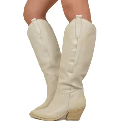 Stivali Donna Texani in Pelle Scamosciata Beige Made in Italy