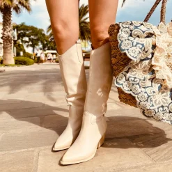 Stivali Donna Texani in Pelle Scamosciata Beige Made in Italy