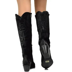 Stivali Donna Texani Ricamati Neri in Pelle Scamosciata con Zip