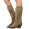 Stivali Donna Texani Taupe in Pelle Scamosciata con Ricami