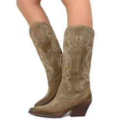Stivali Donna Texani Taupe in Pelle Scamosciata con Ricami