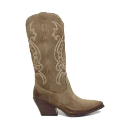 Stivali Donna Texani Taupe in Pelle Scamosciata con Ricami