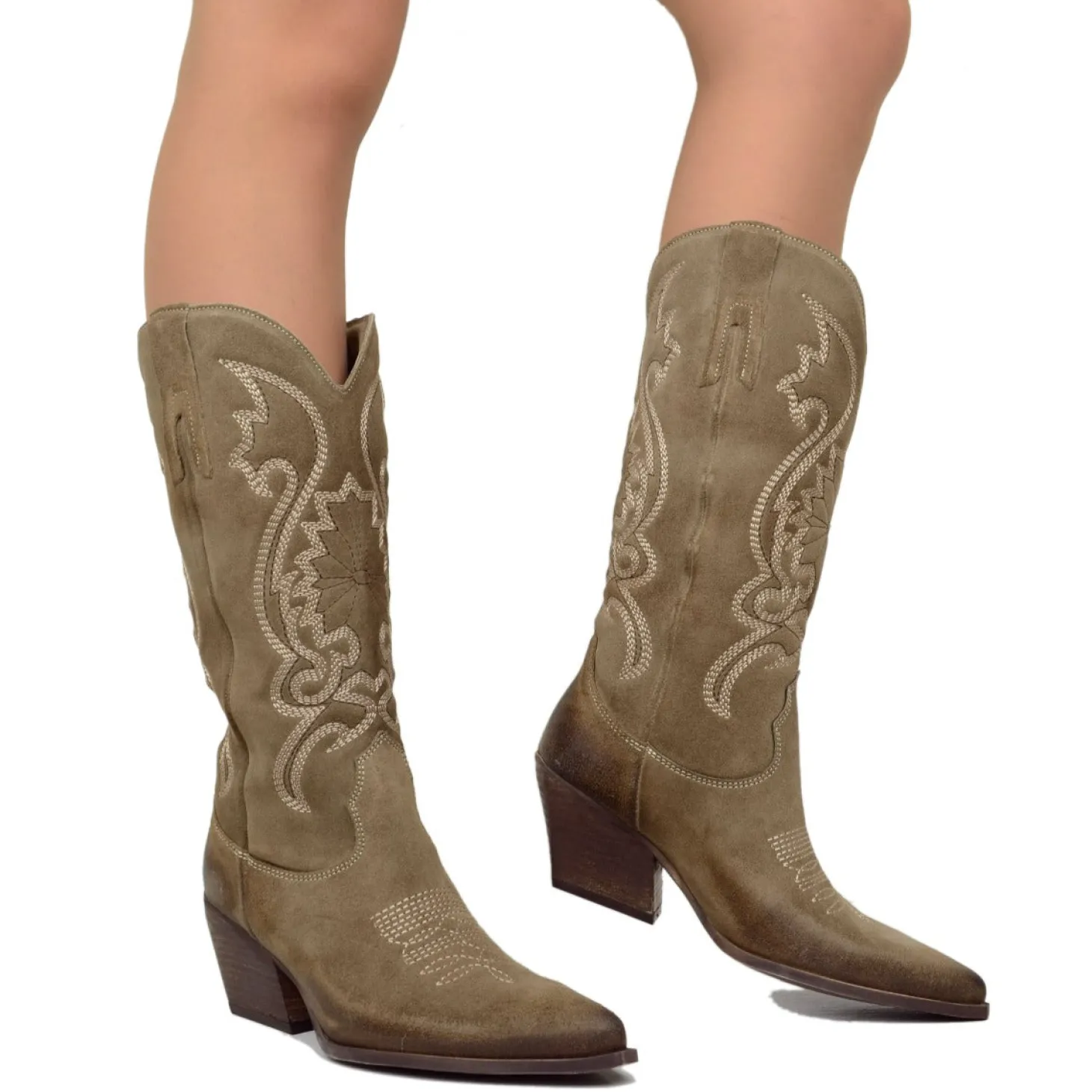 Stivali Donna Texani Taupe in Pelle Scamosciata con Ricami