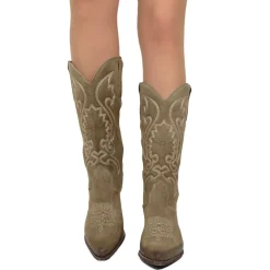 Stivali Donna Texani Taupe in Pelle Scamosciata con Ricami