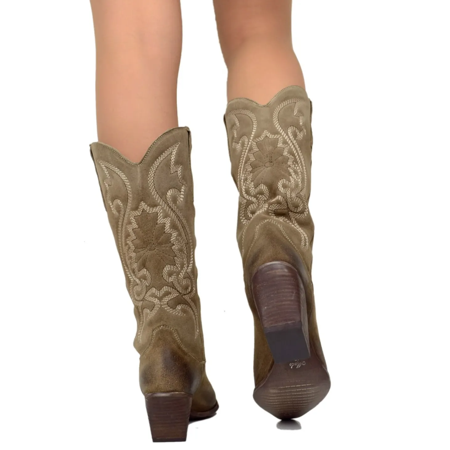 Stivali Donna Texani Taupe in Pelle Scamosciata con Ricami