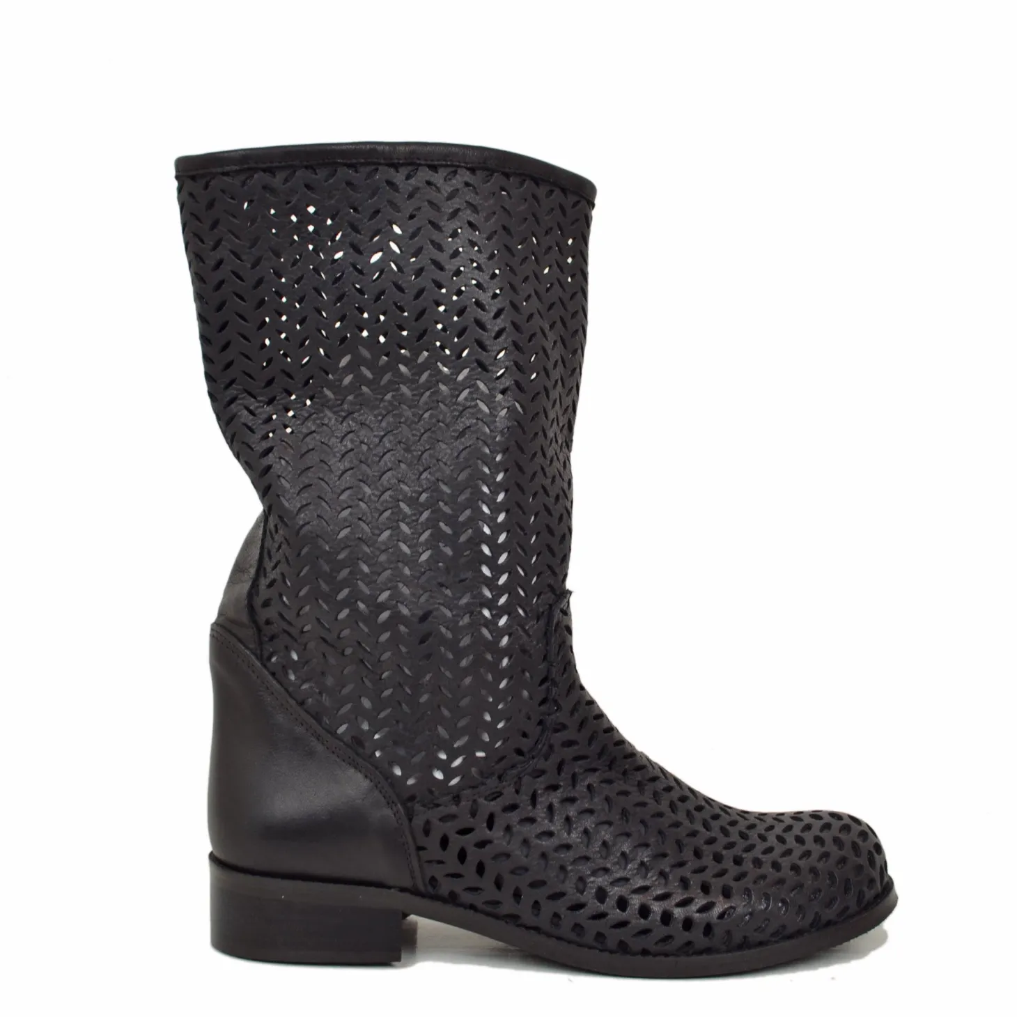 Stivali Estivi Donna Traforati Neri con Tacco Basso Made in Italy
