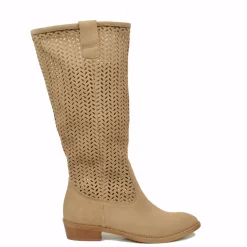 Stivali Estivi Scamosciati in Pelle Traforata Beige e Punta Sfilata