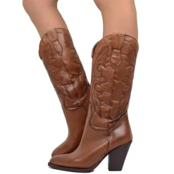 Stivali Texani Cuoio in Pelle con Cuciture Made in Italy
