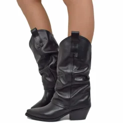Stivali Texani Donna con Ghetta in Pelle Neri Made in Italy