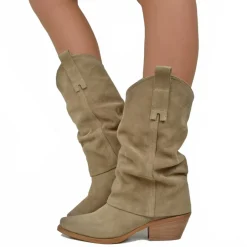 Stivali Texani Donna con Ghetta in Pelle Scamosciata Tortora