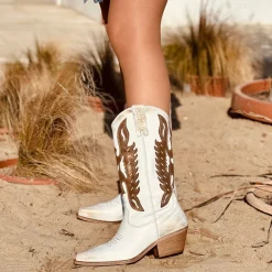 Stivali Texani Donna con Zip in Pelle Sfumata Bianca e Dorata