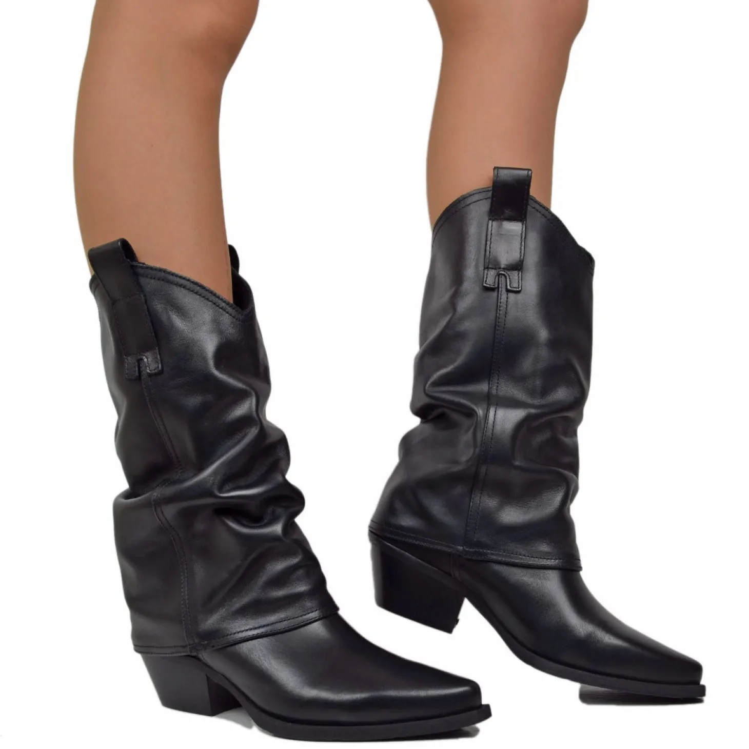 Stivali Texani Donna con Ghetta in Pelle Neri Made in Italy