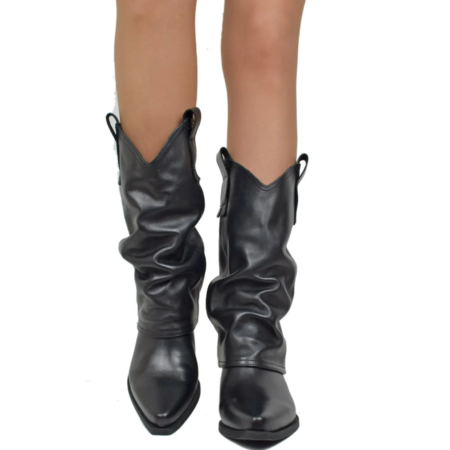 Stivali Texani Donna con Ghetta in Pelle Neri Made in Italy