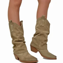 Stivali Texani Donna con Ghetta in Pelle Scamosciata Tortora