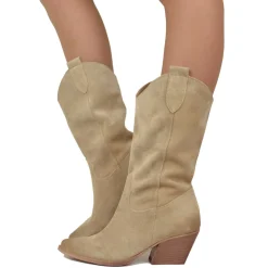 Stivali Texani Donna in Pelle Scamosciata Beige Made in Italy