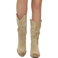 Stivali Texani Donna in Pelle Scamosciata Beige Made in Italy