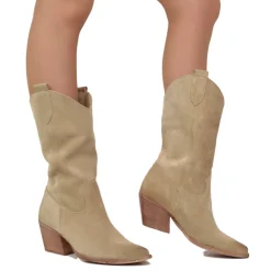 Stivali Texani Donna in Pelle Scamosciata Beige Made in Italy
